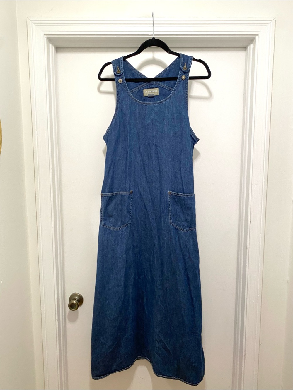 Vintage 90s Liz Claiborne Denim Midi Dress Blue Large Cottagecore Pockets modest